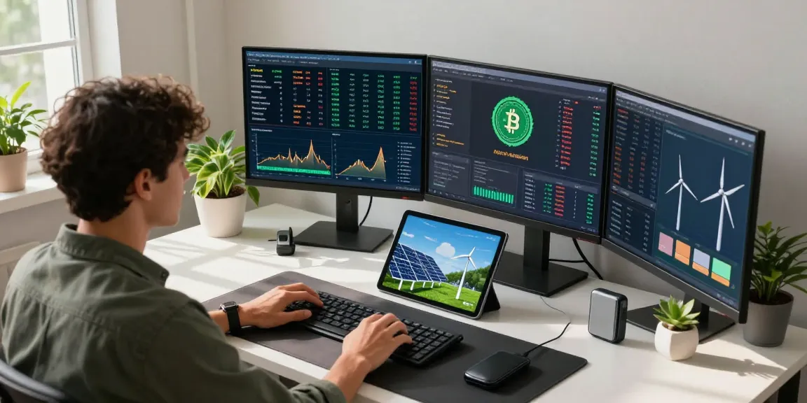 Eco friendly crypto mining setup with digital wallet and sustainability graphics in a modern workspace.