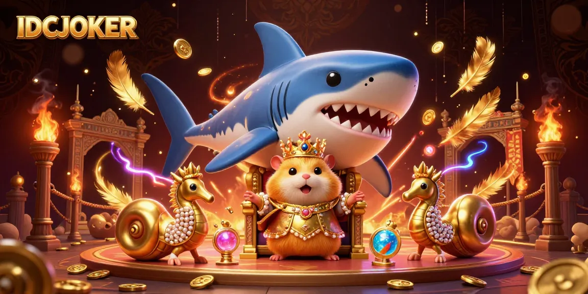 IDCJOKER features a fierce golden hamster king presiding over a vibrant casino-themed arena, ready to engage players.