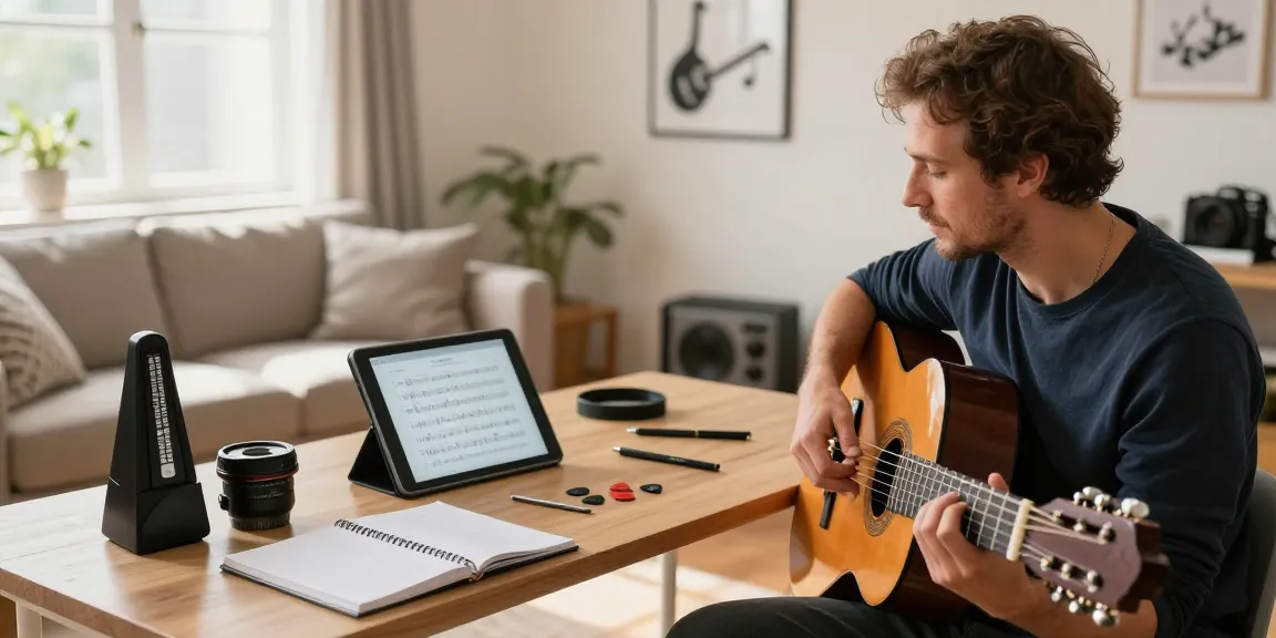 Remote Guitar Lessons in a warm, inviting home studio with instructor and classical guitar.