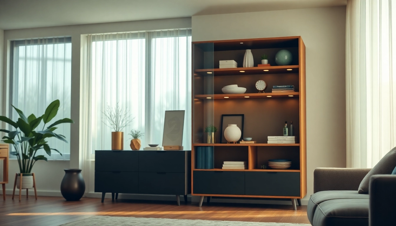 Stylish storage cabinet elegantly displaying items in a modern living room.