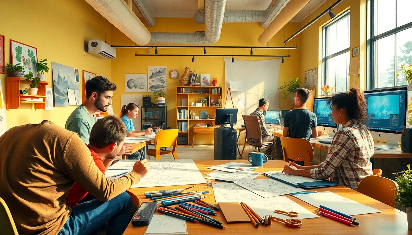 Animationsstudio-Team arbeitet intensiv an kreativen Projekten in einem einladenden Raum.
