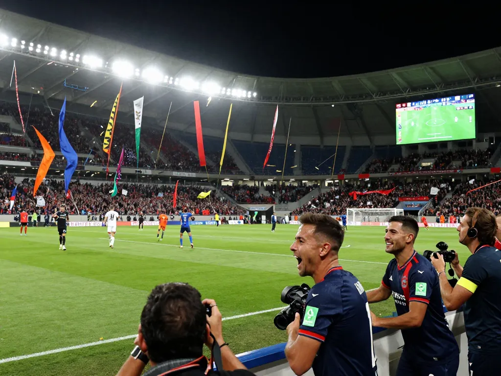 Live football match scene showcasing kết quả bóng đá with players celebrating, fans cheering, and a vibrant stadium atmosphere.