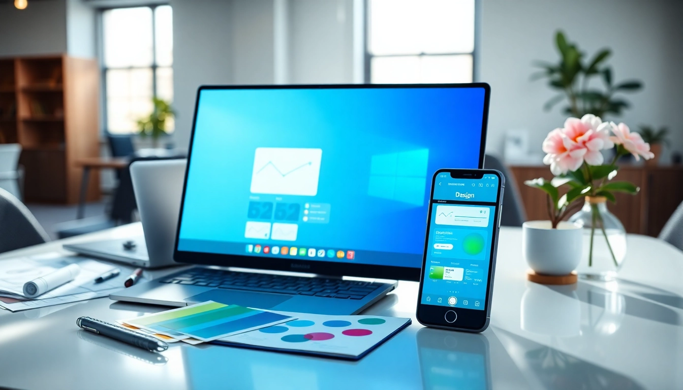 Showcasing web design edmonton with a modern interface and creative design tools in a vibrant office.