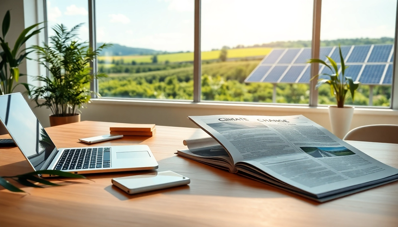 Sustainable magazine design reflecting themes from https://www.unsustainablemagazine.com with a bright, eco-friendly workspace.