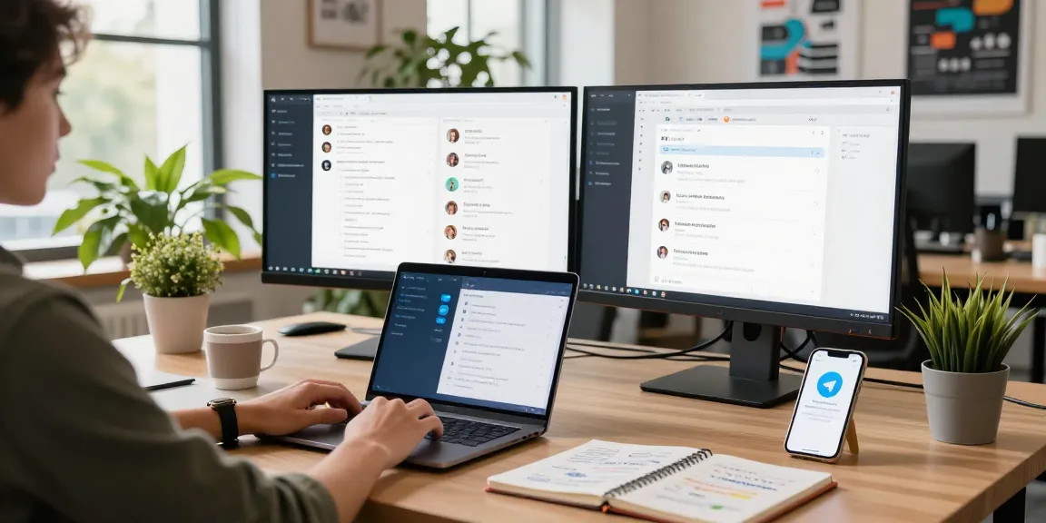 Using Telegram Web Version in a modern workspace with laptop, dual monitors, and vibrant decor