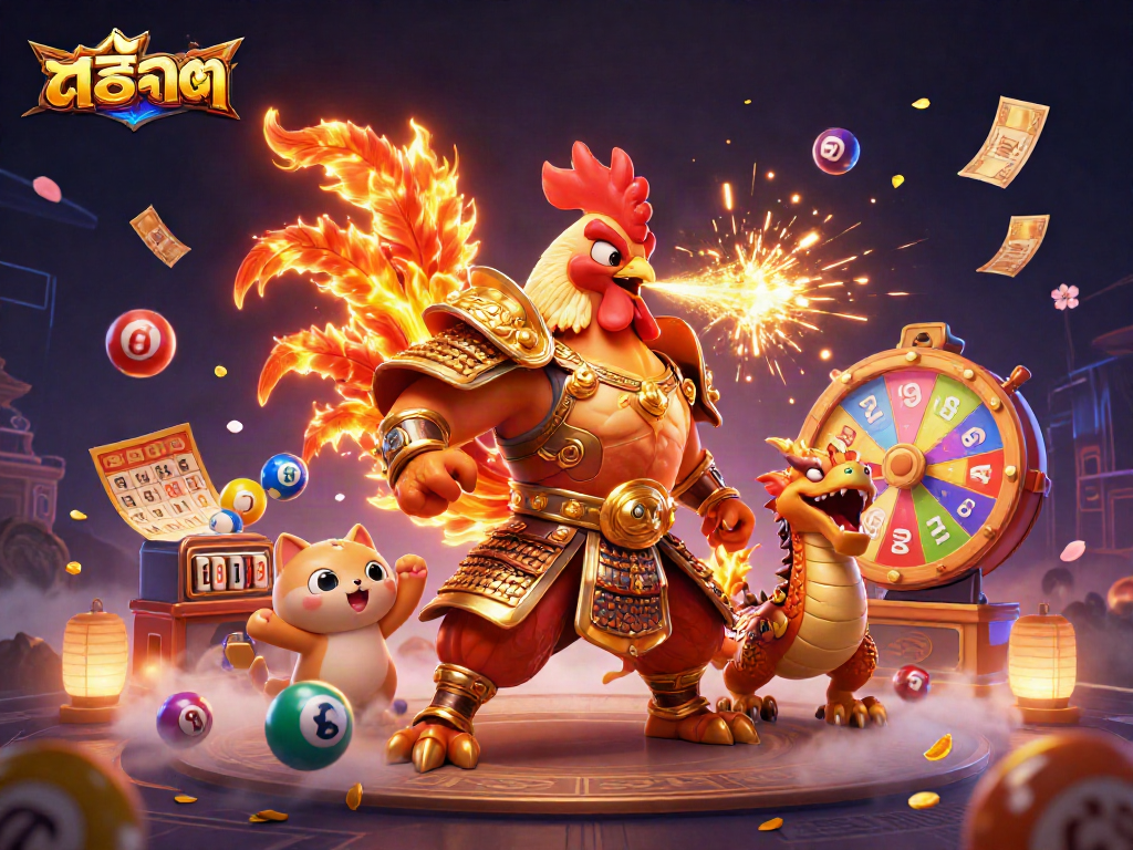 Experience thrilling สล็อต action with a powerful rooster warrior and dragon amidst dynamic game elements.