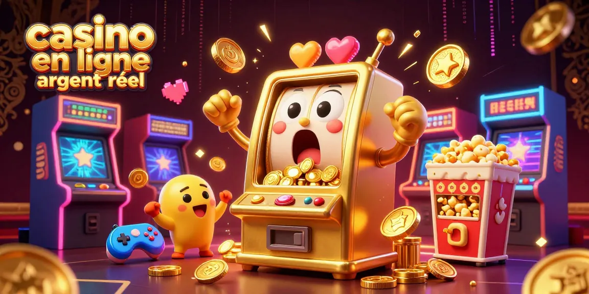Gagnez gros avec des jeux de casino en ligne argent réel, reflété par une machine à sous dorée et des pièces volantes.
