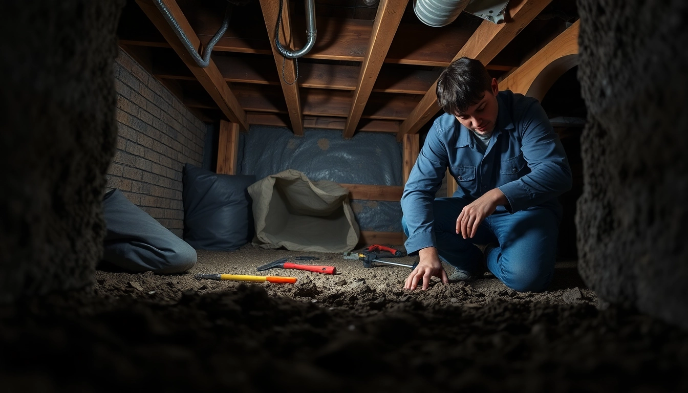Crawl Space Restoration with contractor inspecting moisture issues in transformed area.