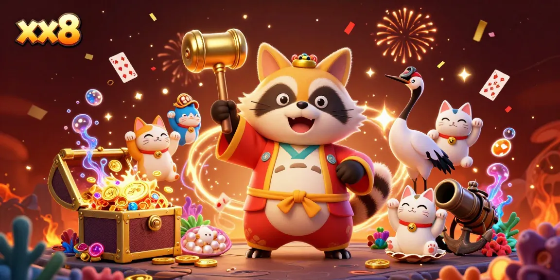 Experience winning at xx8 with vibrant casino elements like lucky tanuki and gold treasures.