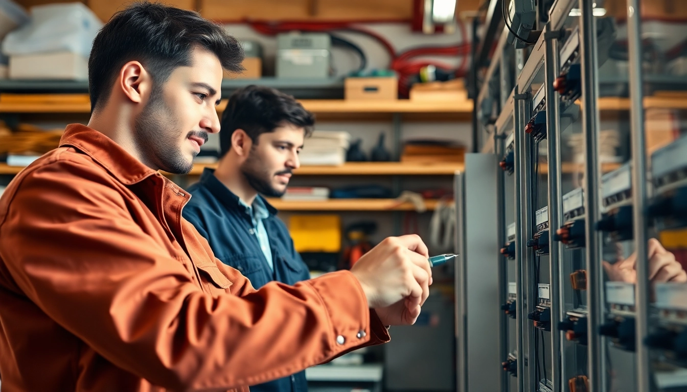 Electrician apprenticeship training with a focused apprentice handling tools in a vibrant workshop.