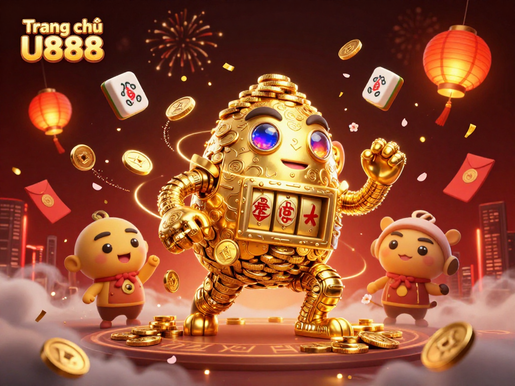 Experience the vibrant games at Trang chủ U888 with a thrilling 3D golden golem and festive casino elements.