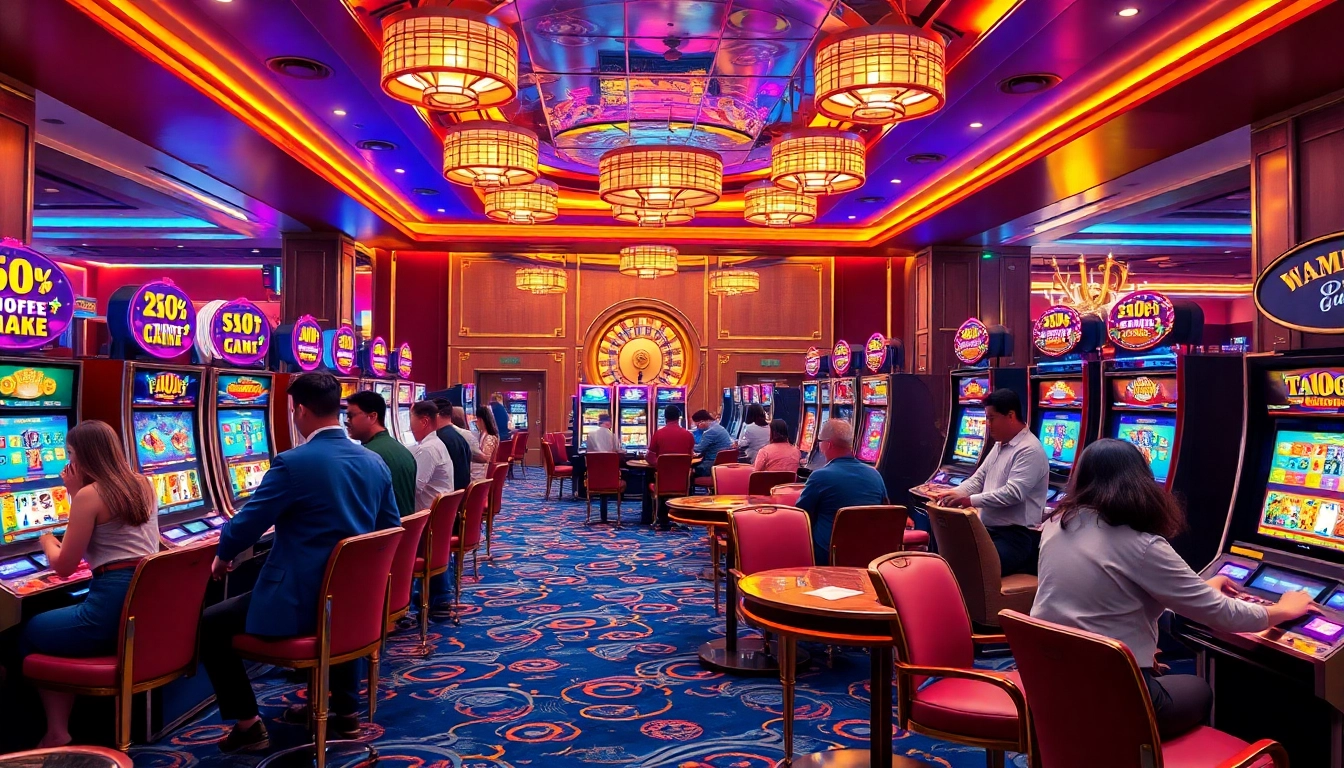 Pemain yang antusias menikmati permainan slot deposit pulsa di kasino mewah.