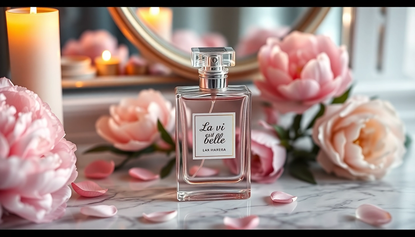 Embrace the essence of La vi est belle with an elegant perfume bottle surrounded by fresh flowers.