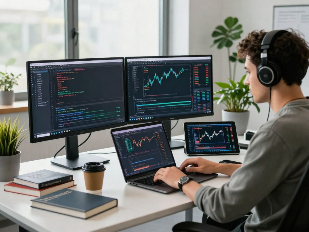 Developer analyzing German stock historical Kline API data on modern monitors in an innovative tech environment.