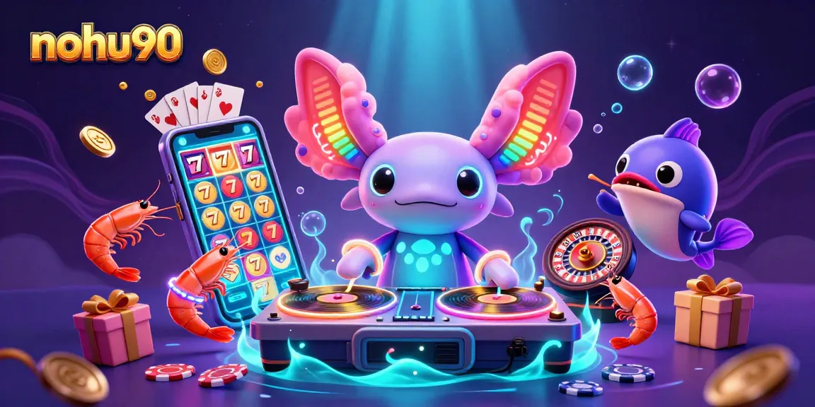 Nohu90 captivates as a colorful axolotl DJ spins golden records amid dynamic casino elements