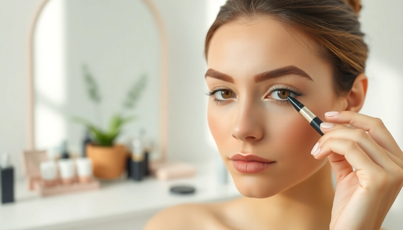 Applying eyebrow pen for perfect brows with precision and elegance.