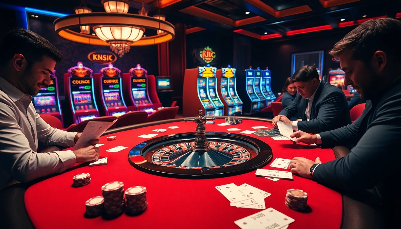 Experience high-stakes gaming at KJC casino with poker chips, cards, and a vibrant atmosphere.