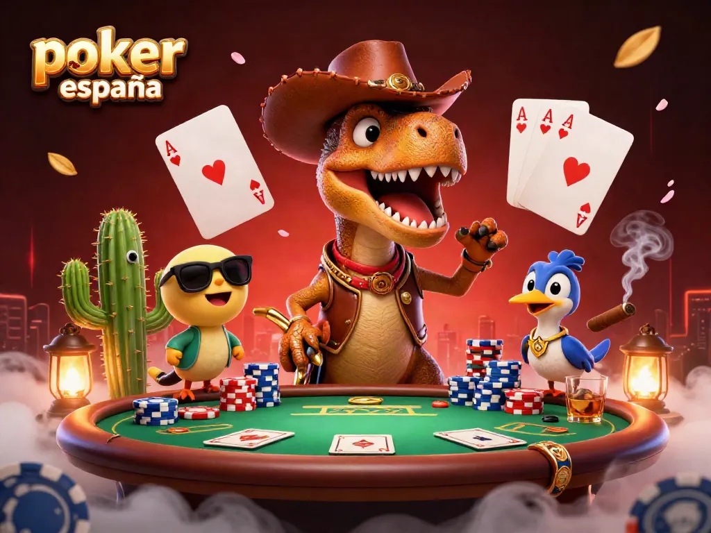 Juega poker online España en una emocionante escena que combina dinosaurios y cartas.