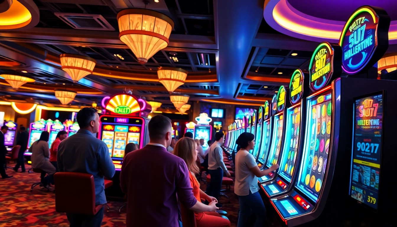 Slot77 mesin dengan pemain merayakan kemenangan di kasino yang cerah.