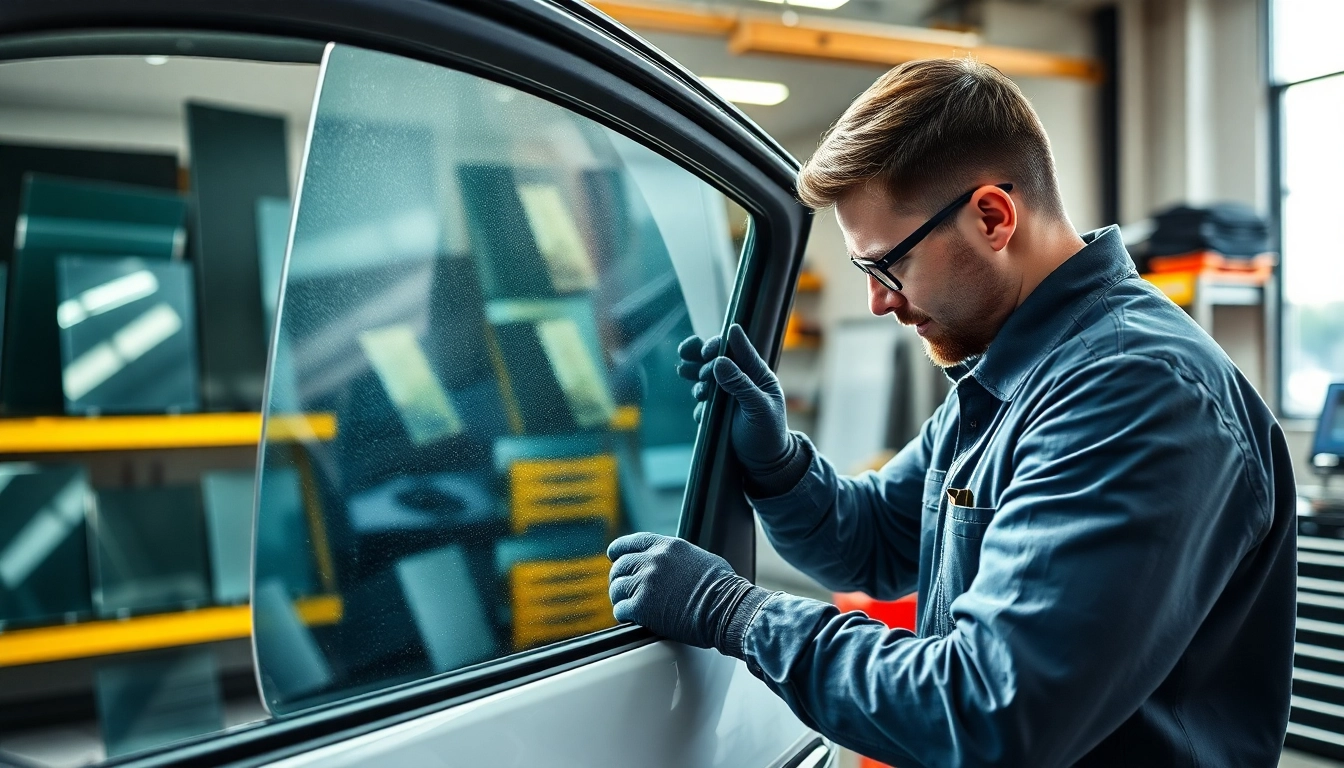 Experiencing side window replacement process by skilled technician in a bright workshop.