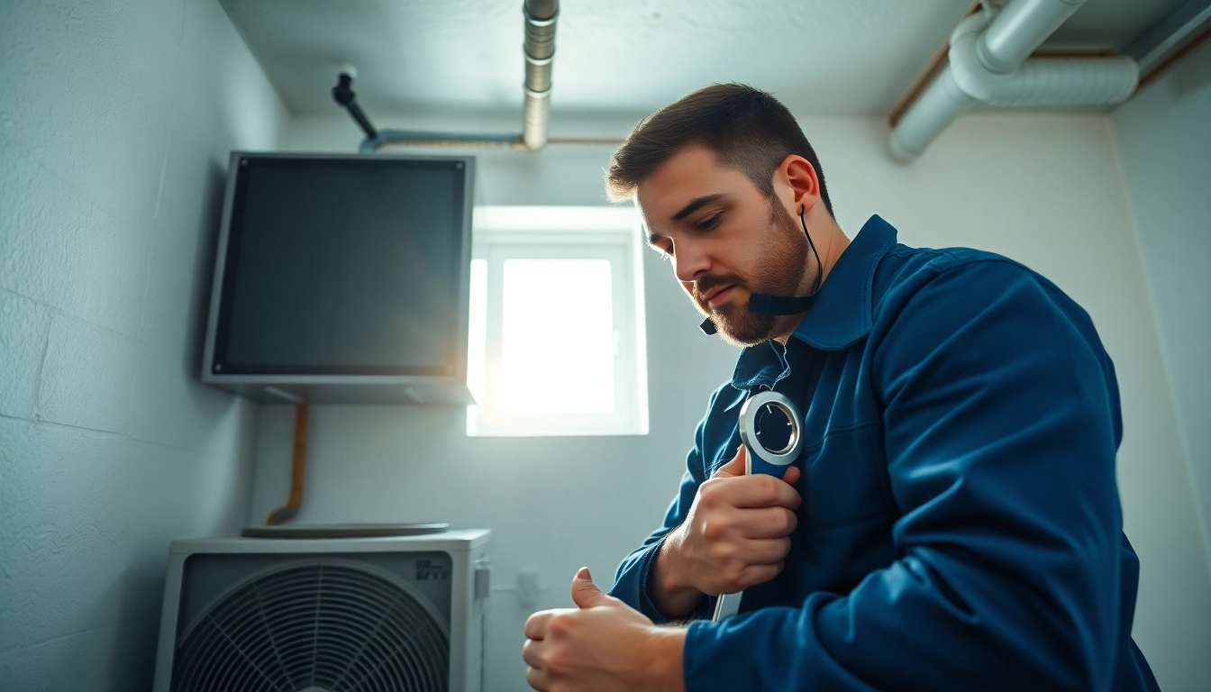 Technician offering heating and cooling services while inspecting an HVAC unit in a well-lit basement.