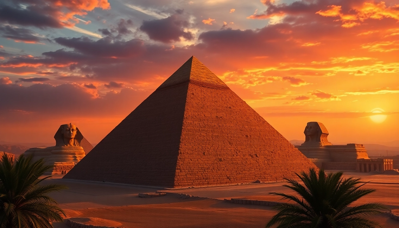 Pyraminds shining in the sunset with rich colors illuminating the ancient structures.