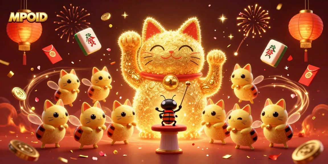 Experience MPOID's vibrant gaming world with a lucky cat and dynamic casino symbols!