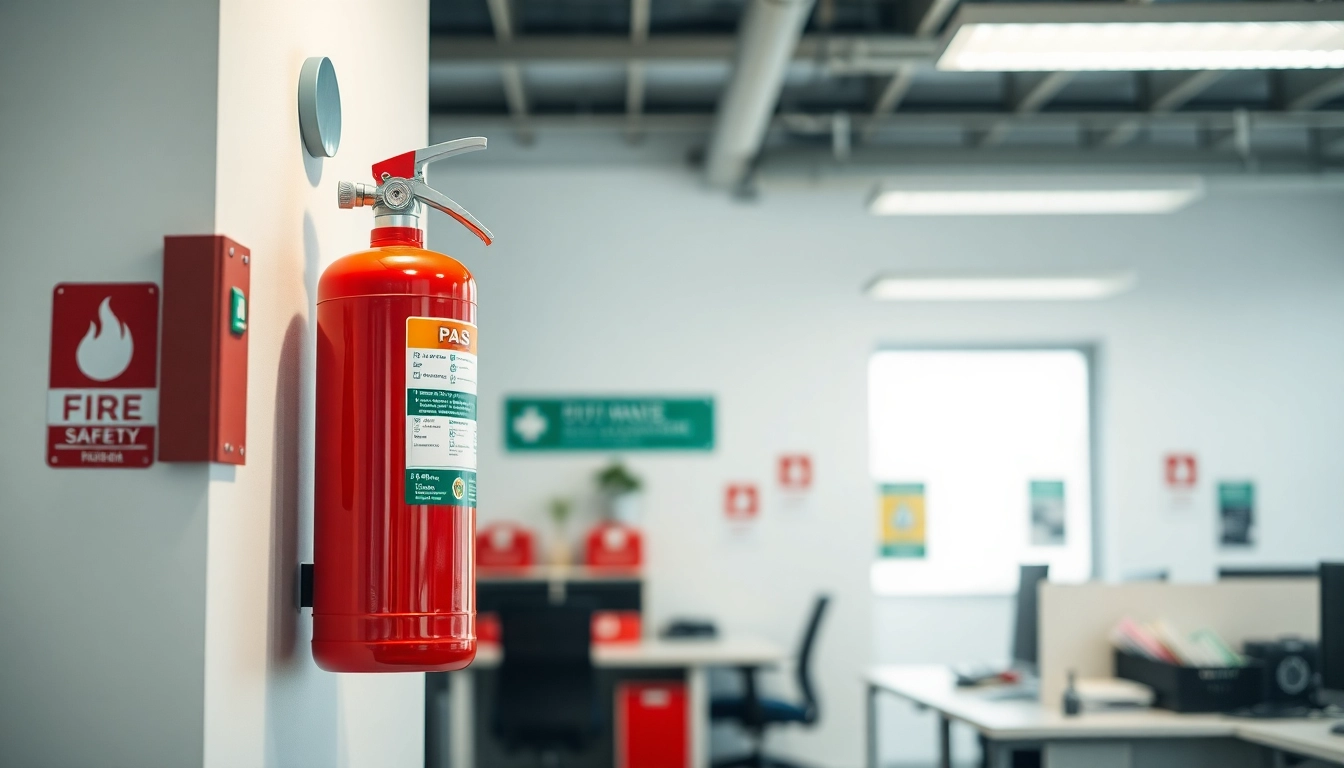 Efficient pass fire extinguisher mounted in an office, showcasing fire safety readiness.