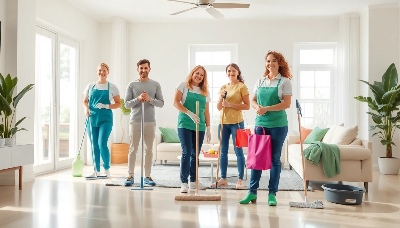 Efficient cleaning services near me in a bright living room with eco-friendly products and sparkling surfaces.