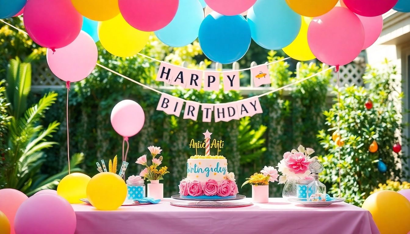 Decorative setup for a Customizable birthday party with balloons and personalized banners.