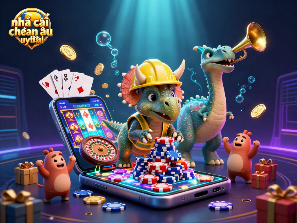 Nền tảng nhà cái đến từ châu âu uy tín với hình ảnh triceratops xây dựng chồng poker chips.