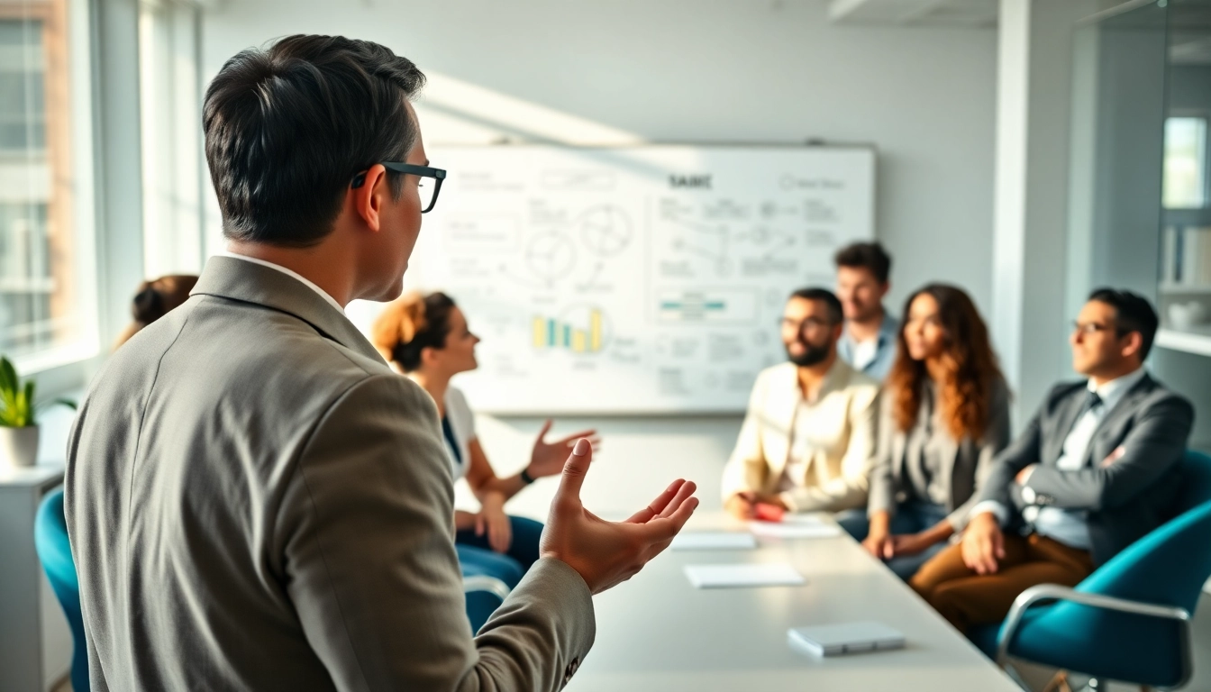 Engaging business coach near me leading a dynamic coaching session in a modern office setting.