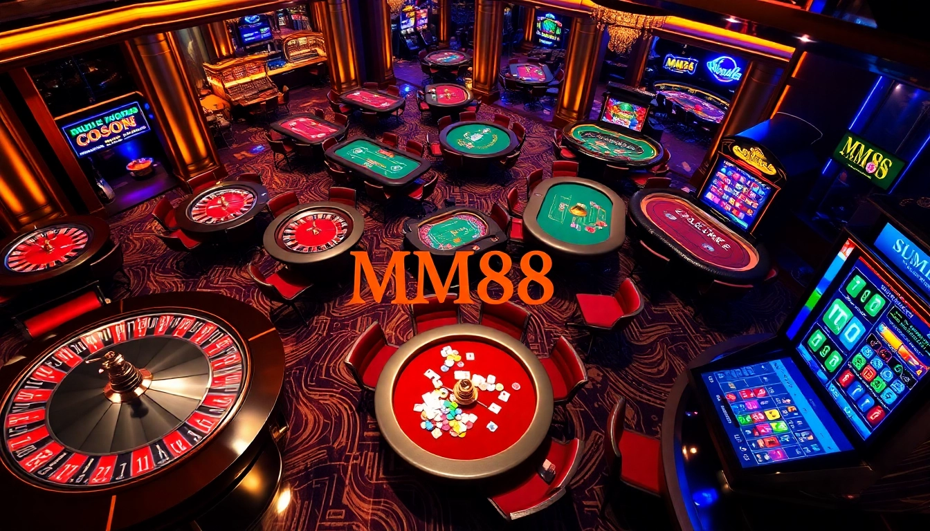 Players enjoying the excitement of gaming at MM88 casino tables with vibrant lights and poker chips.