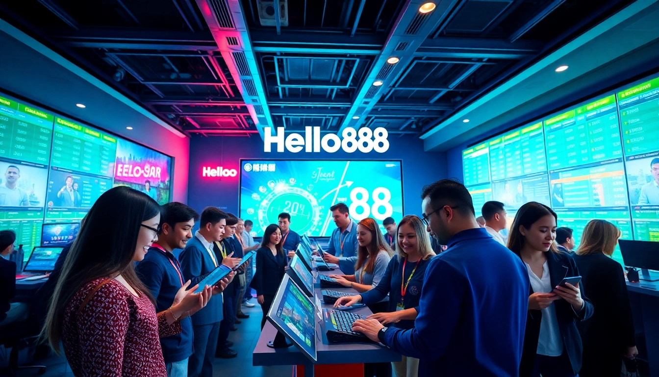 Hello88 users engaging with a modern online betting platform, showcasing a vibrant and high-tech atmosphere.