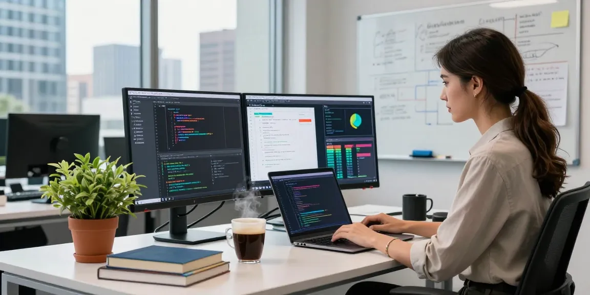 Software developer coding on dual monitors in a modern workspace, showcasing crushon ai technology.