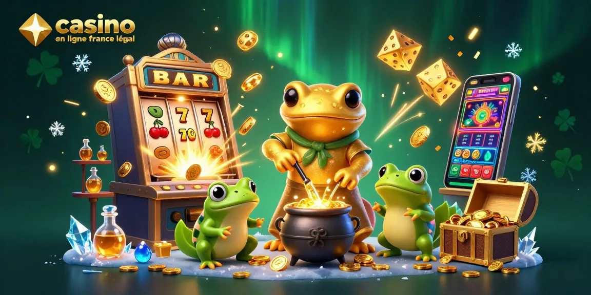 Illustration de casino en ligne France légal avec une salamandre alchimiste, montrant des jeux de casino, des devises dorées et symboles chanceux.