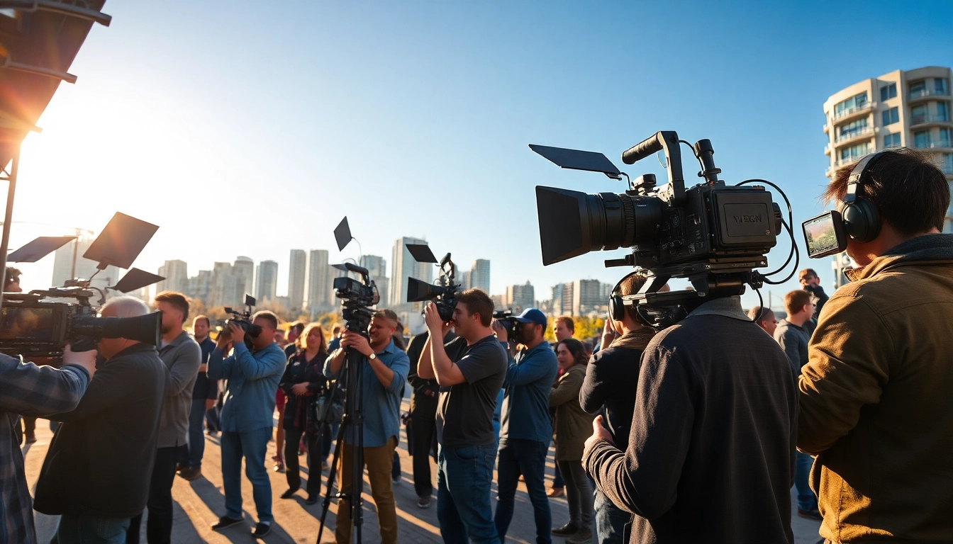 Filmmakers collaborating on a vibrant set, representing edmonton production companies in action.