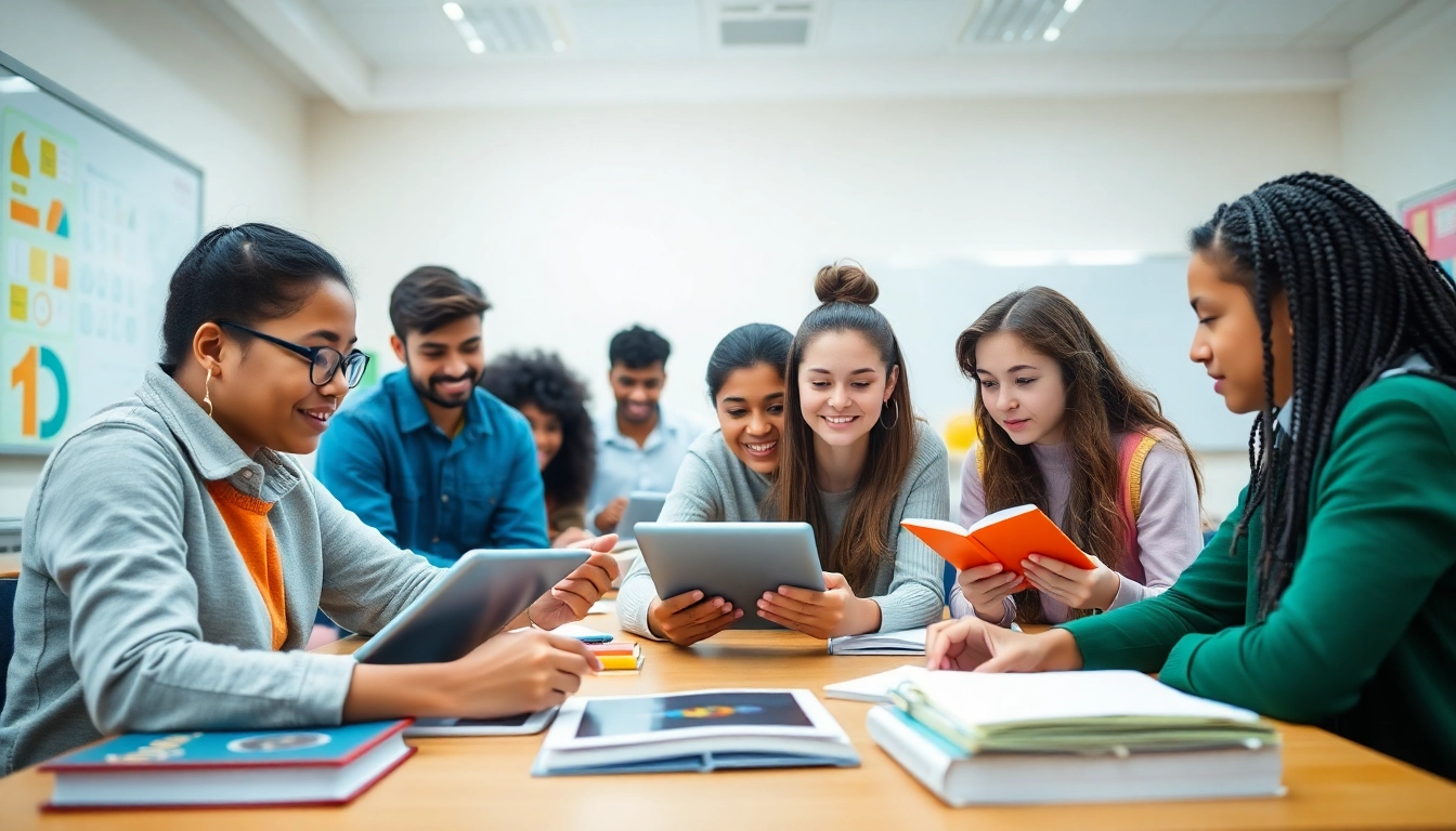 Innovative education setting with diverse students engaging with technology and learning materials.