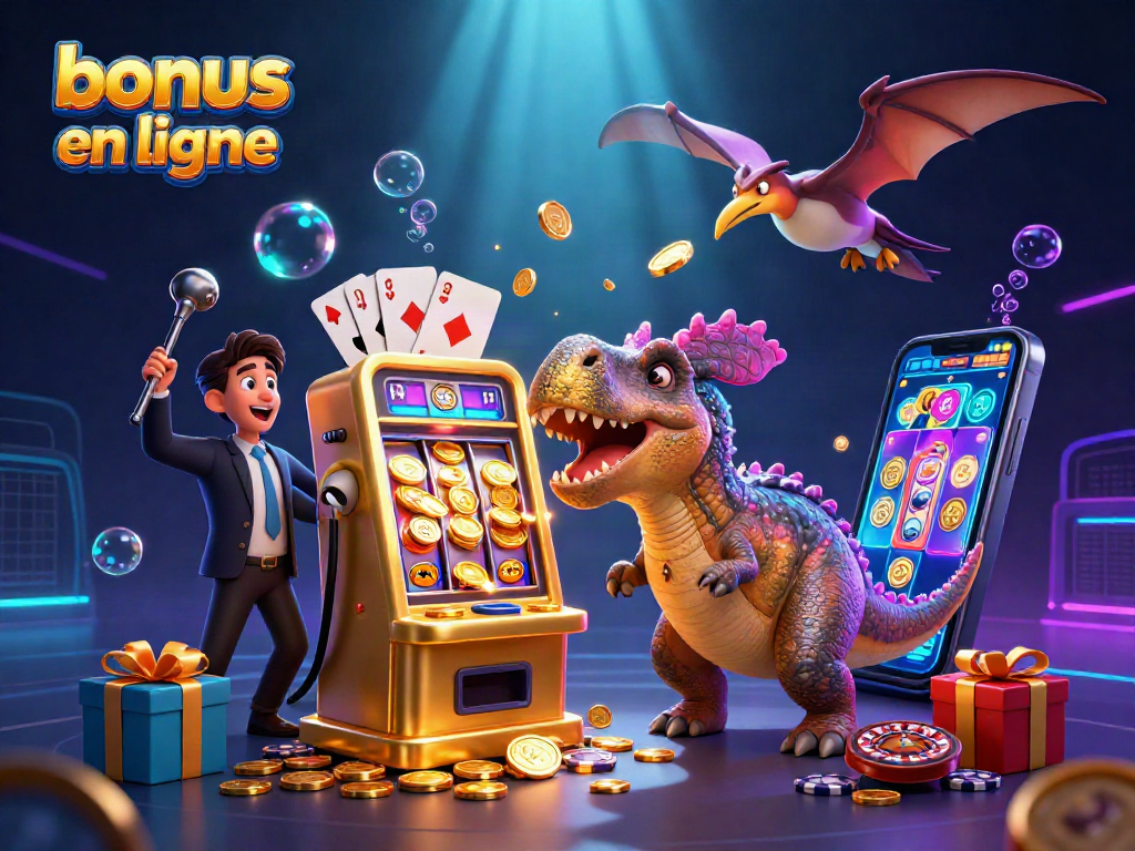 Visuel dynamique montrant un bonus de casino en ligne avec des personnages de dinosaures dans un casino coloré.