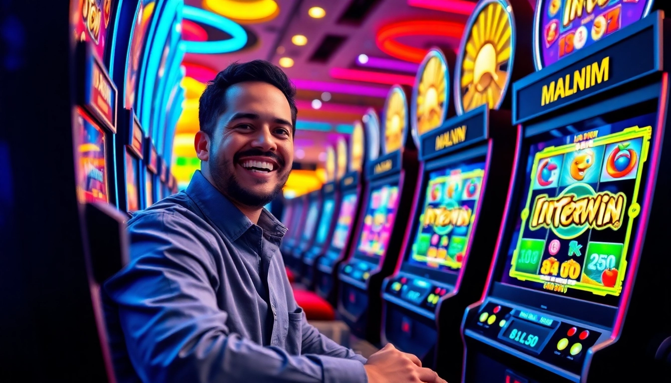 Memenangkan interwin slot di kasino yang cerah dan penuh kehidupan dengan slot berwarna-warni.