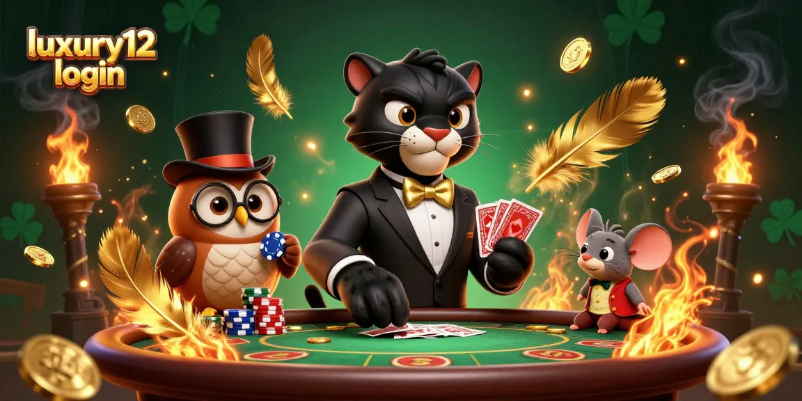Engage in the luxury12 login experience with a stylish panther dealing cards amid vibrant casino elements.