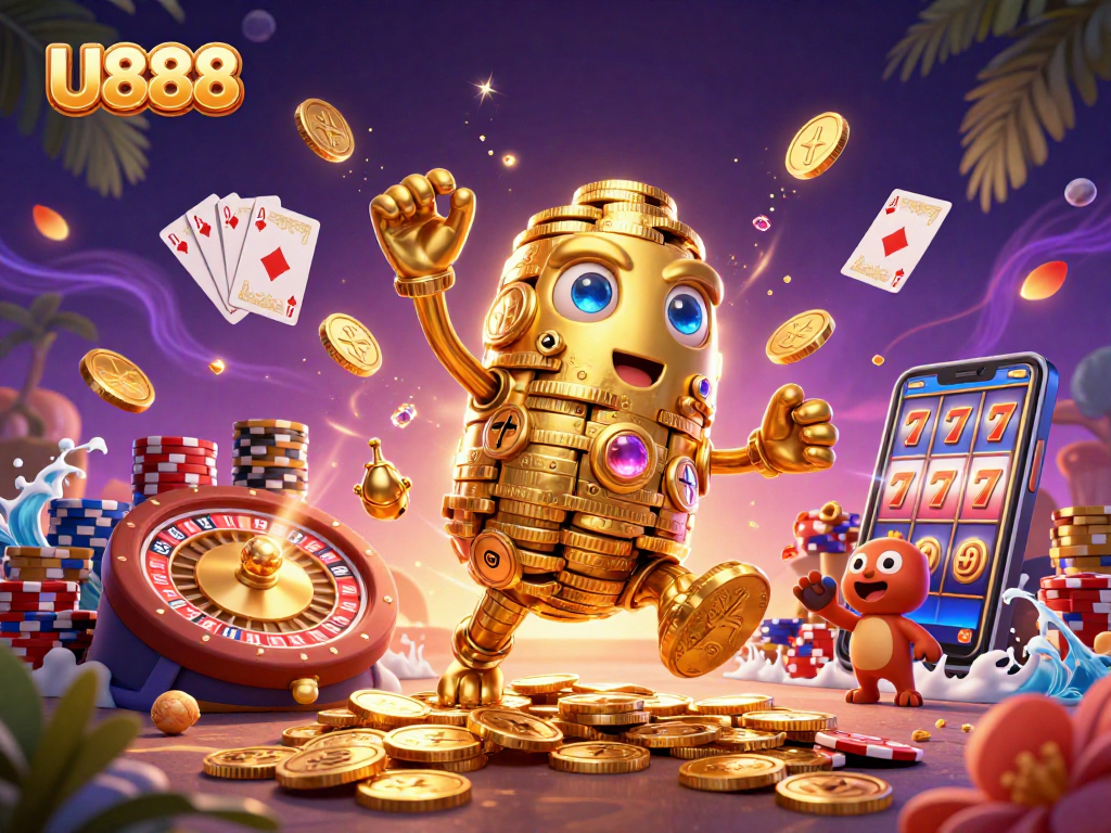 Spin into action at U888 with a golden golem and vibrant casino elements.