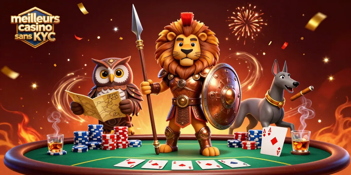 Jouez aux meilleurs casinos sans KYC avec des personnages emblématiques dans une scène de poker dynamique.
