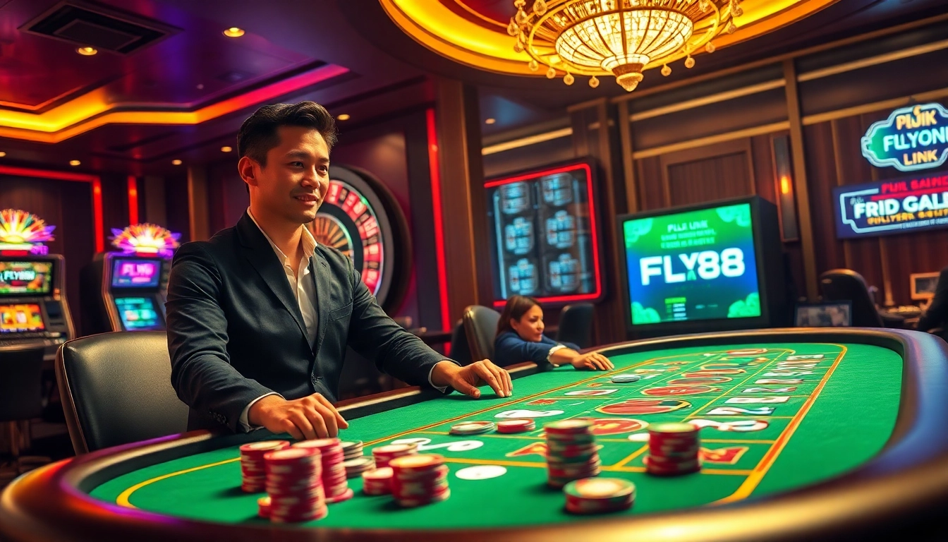 Engage in excitement at the FLY88 Link casino, featuring vibrant poker tables and spinning roulette wheels.