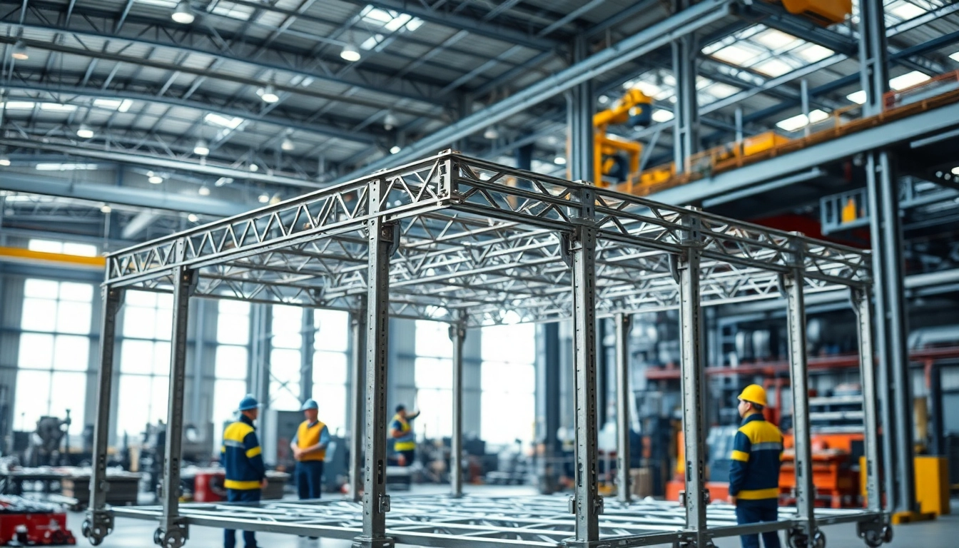 Steel structure design highlighting a detailed framework in a vibrant industrial setting.