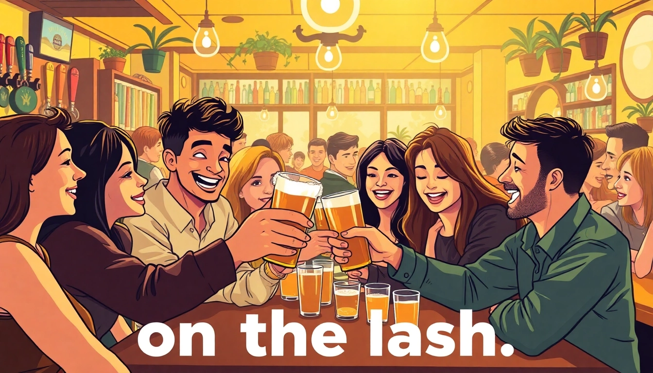 Friends celebrating why do we say on the lash in a lively pub atmosphere.
