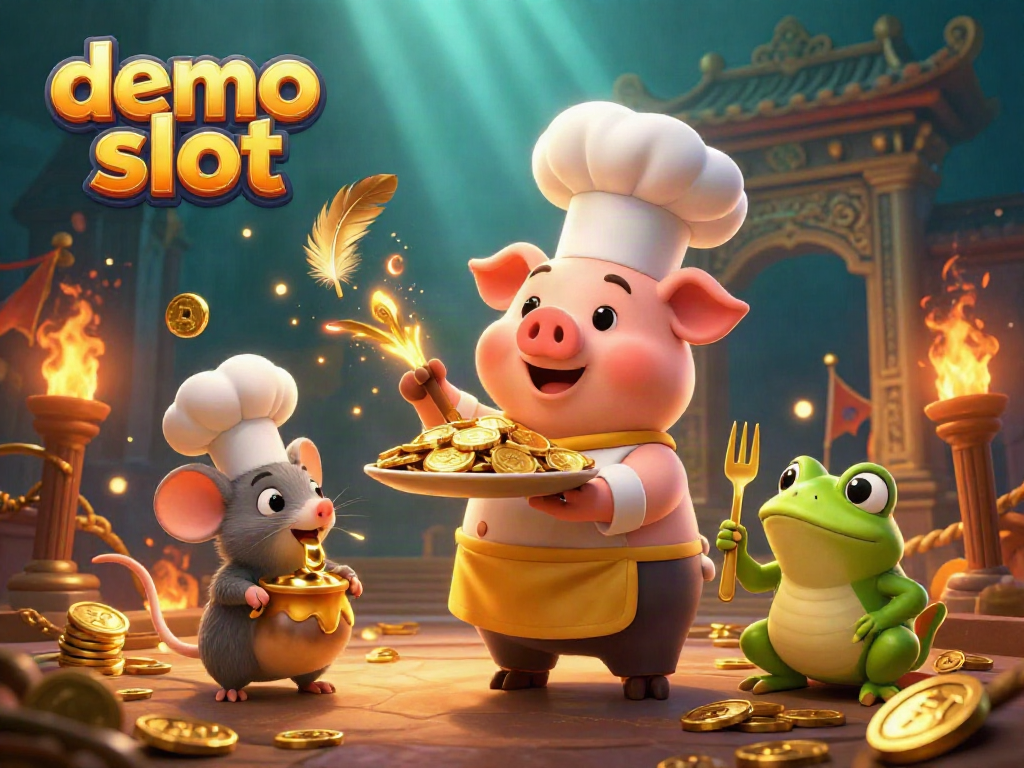 Experience thrilling gameplay with demo slot featuring a chef pig, gold coins, and vibrant casino elements.