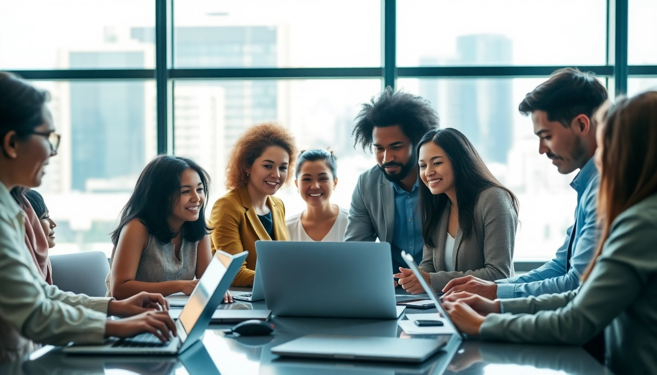 Individuals collaborating on Technology solutions in a modern workspace.