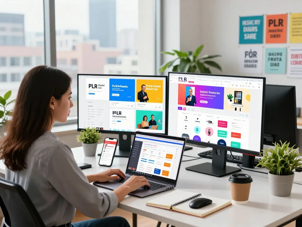 PLR Digital Products for Sale analyzed by a marketing professional in a modern office, showcasing eBooks and digital courses on multiple screens.