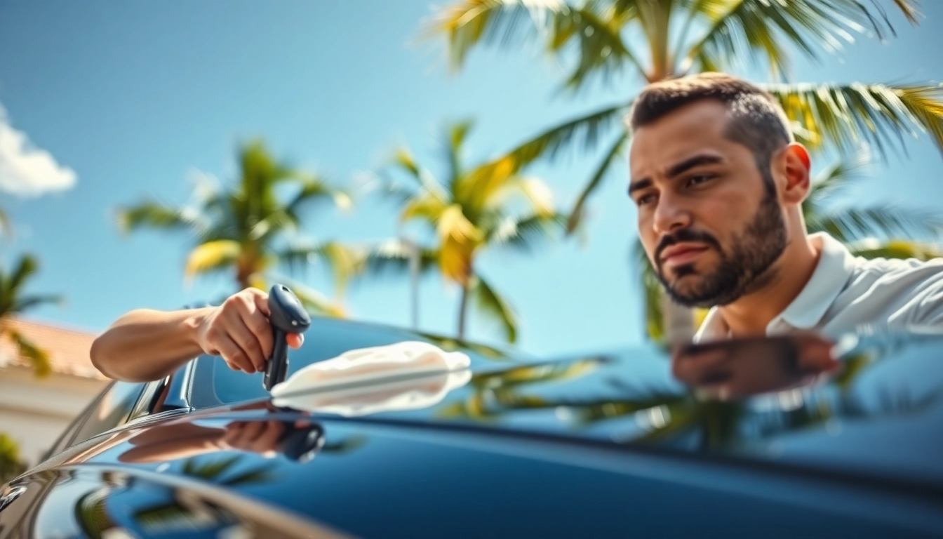 Mobile car detailing Miami-Dade: Technician cleaning a luxury vehicle in a sunny Miami neighborhood.